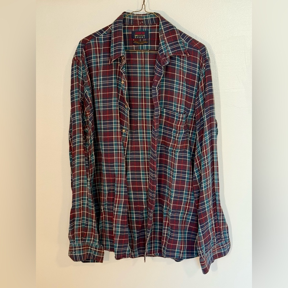 Large-Tall Flannel, Red & Blue Plaid Button-Down Shirt by Arrow Sport